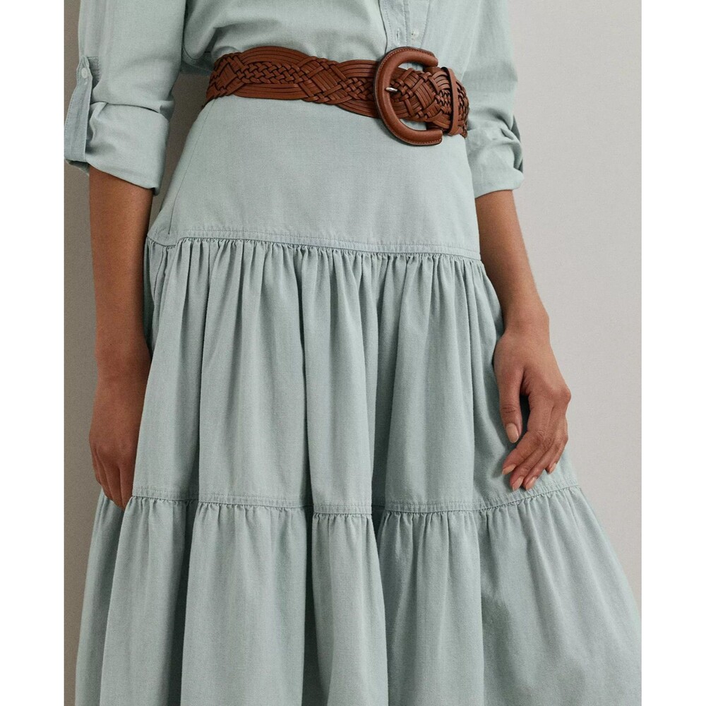 Lauren Ralph Lauren Women's Chambray Tiered Midi Skirt Lightweight Sage Green 14 - Picture 3 of 11